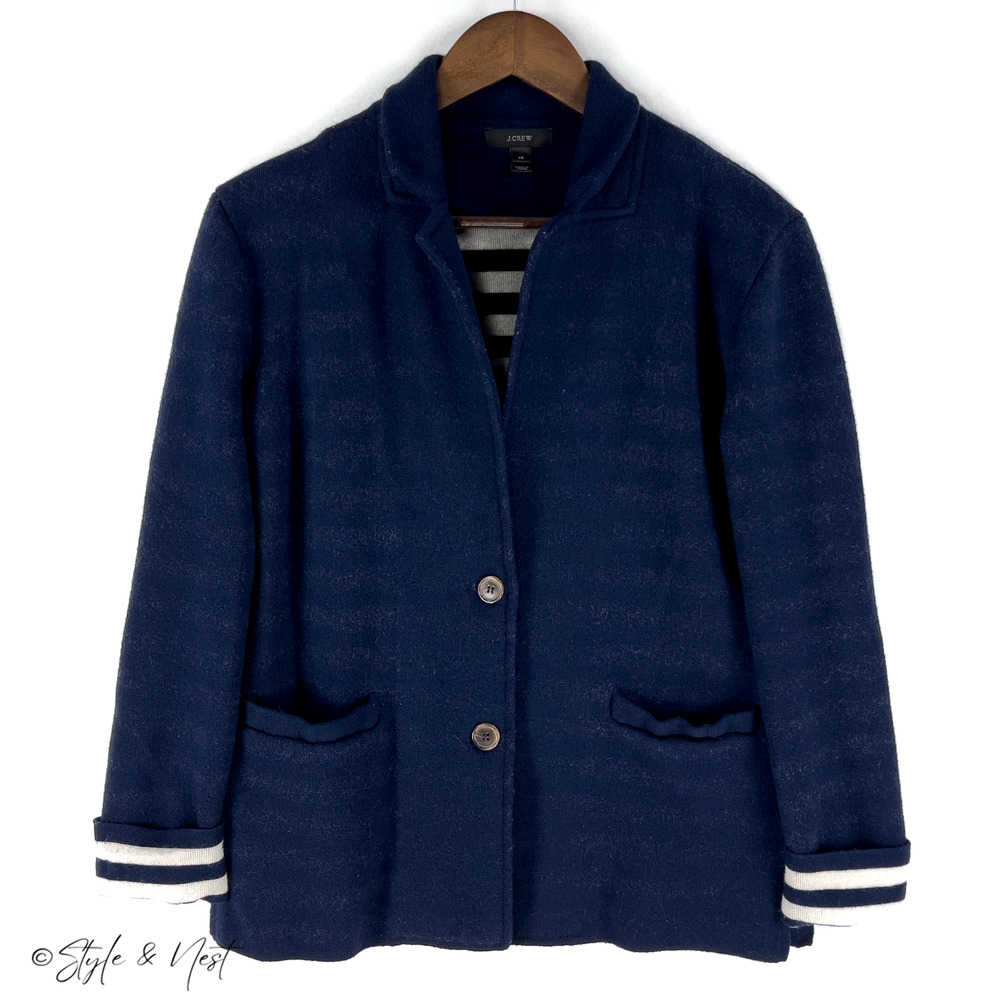J.Crew Wool Knit White Navy Striped Blazer Size XS Coastal Preppy Euro